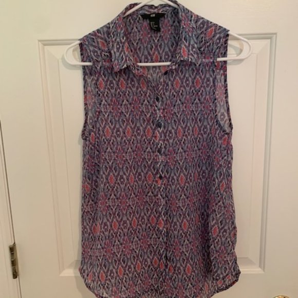 VTG H&M Sleeveless LIght Summer Blouse Button Up Collared Chiffon Purple/Pink - Picture 2 of 5